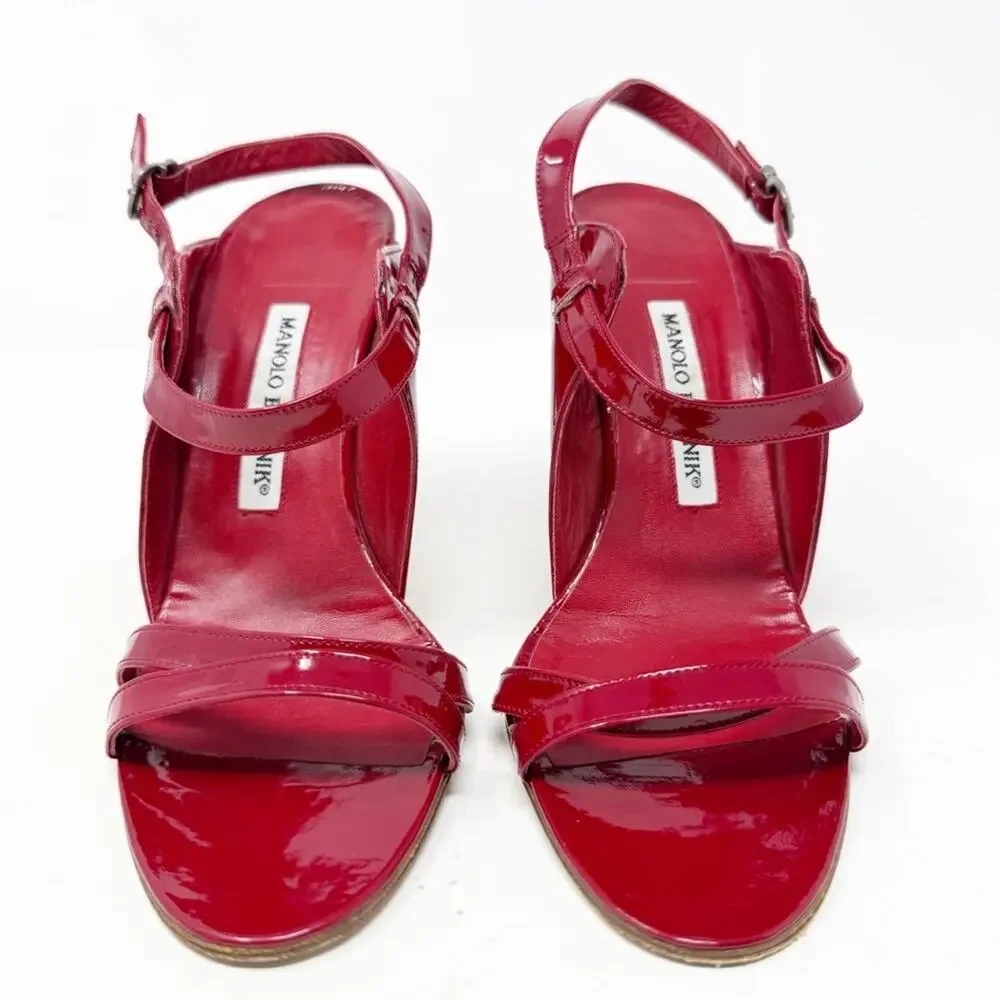 Manolo Blahnik Dodo Red Patent Leather Strappy Sandal Heels Womens Size EU 38.5